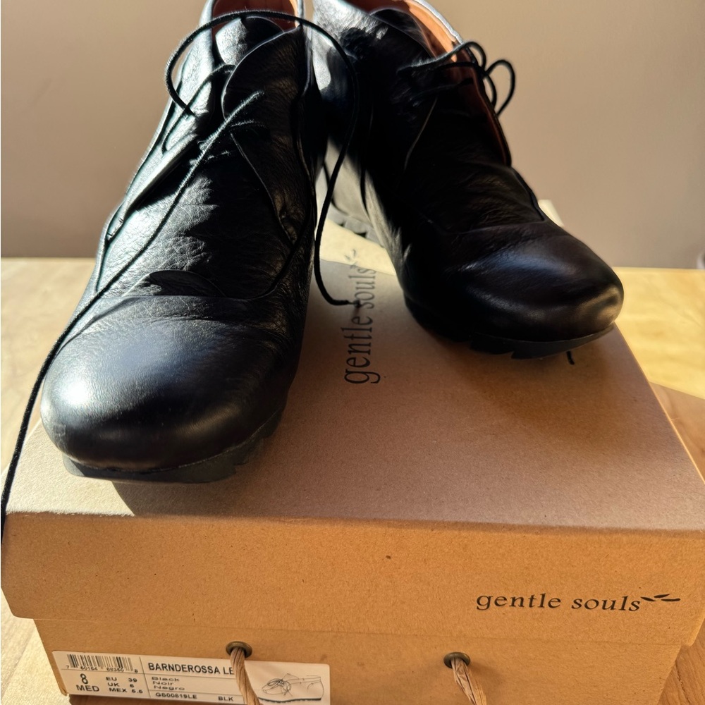 Gentle souls black EUC wedge heel booties with tie, size 8